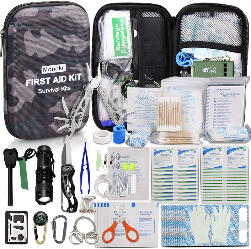 Monoki First Aid Kit Survival Kit, 241Pcs Upgraded Outdoor Emergency Survival Kit Gear - Medical Supplies Trauma Bag Safety First Aid Kit for Home Office Car Boat Camping Hiking Hunting Adventures Sporting Goods > Outdoor Recreation > Camping & Hiking > Camping Tools Monoki Camo  
