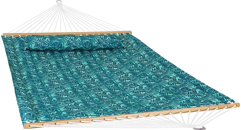 Sunnydaze 2-Person Quilted Printed Fabric Spreader Bar Hammock and Pillow - Large Modern Cloth Hammock with Metal S Hooks and Hanging Chains - Heavy Duty 450-Pound Weight Capacity - Green Palm Leaves Home & Garden > Lawn & Garden > Outdoor Living > Hammocks Sunnydaze Cool Blue Tropics  