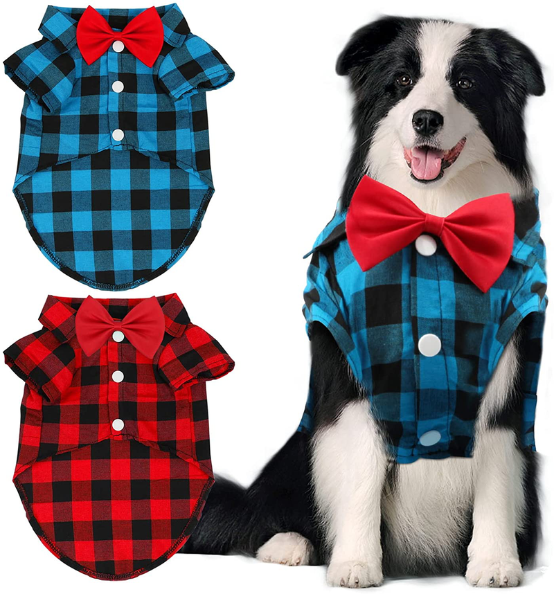 GINDOOR 2 Pack Plaid Dog Shirt - Valentines Cute Boy Dog Clothes and Bow Tie Combo Dog Outfit for Small Medium Large Dogs Cats Birthday Party and Holiday Photos Animals & Pet Supplies > Pet Supplies > Dog Supplies > Dog Apparel GINDOOR 3X-Large / Weight (24-35lbs)  