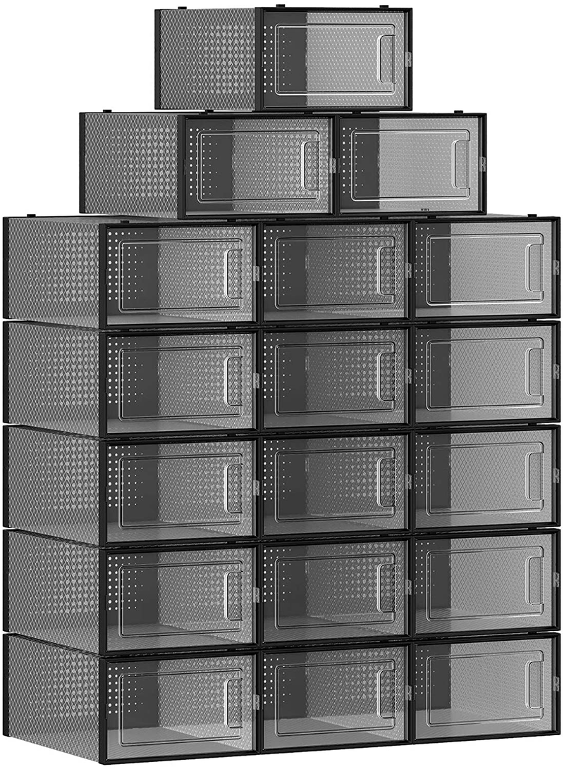 SONGMICS Shoe Boxes, Pack of 18 Clear Plastic Stackable Shoe Organizers, Fit up to US Size 8.5, Sneakers Boots Storage Containers, 9.1 X 13.1 X 5.5 Inches, Transparent and Black ULSP18SBKV1 Furniture > Cabinets & Storage > Armoires & Wardrobes SONGMICS   