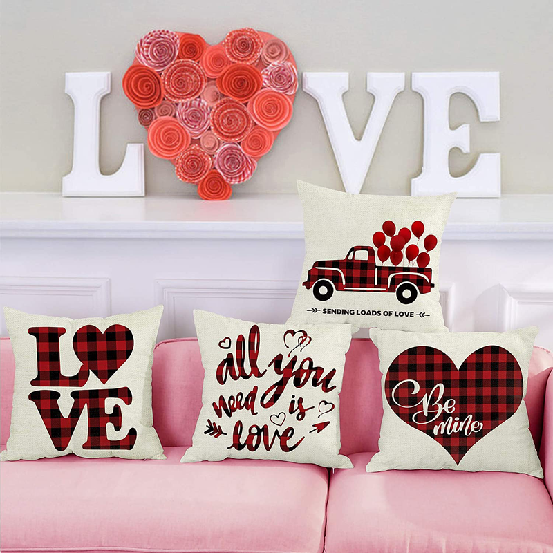 GROBRO7 4Pcs Valentine'S Day Love Heart Pillow Covers Buffalo Check Plaids Throw Cushion for Couch Red & Black Plaid Linen Cloth Pillow Cases with Be Mine Text Rustic Truck Indoor Decor in 18'’X18'’ Home & Garden > Decor > Chair & Sofa Cushions GROBRO7   