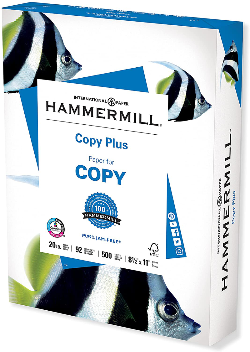 Hammermill Printer Paper, 20 lb Copy Plus, 8.5 x 11 - 1 Ream (500 Sheets) - 92 Bright, Made in the USA, 105007R Electronics > Print, Copy, Scan & Fax > Printer, Copier & Fax Machine Accessories Hammermill 1 Ream | 500 Sheets 8.5x11 