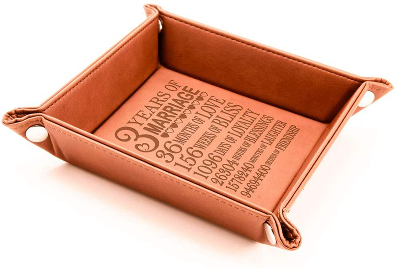 Kate Posh - 3 Years of Marriage Engraved Leather Catchall Valet Tray, Our 3rd Wedding Anniversary, 3 Years as Husband & Wife, Gifts for Her, for Him, for Couples (Rawhide) Home & Garden > Decor > Decorative Trays KATE POSH   