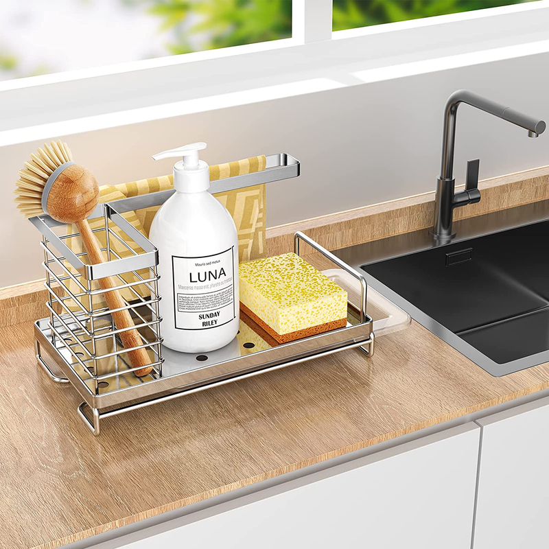 Odesign Kitchen Sink Organizer for Soap, Brush Holder and Sponge Caddy for Kitchen Sink, Stainless Steel for Counter Storage with Plastic Drain Pan