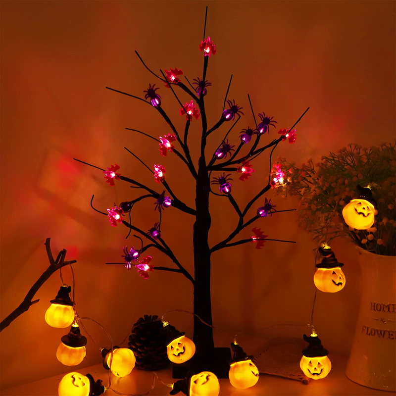 Malgero Halloween Decoration Black Tree Lamp 2FT Battery Powered with 24 LED Lights and 30 DIY Spiders/Bats Light Up Birch Gothic Home Decor Indoor Tabletop Lamp Spooky Bonsai Night Light Arts & Entertainment > Party & Celebration > Party Supplies Malgero Halloween  