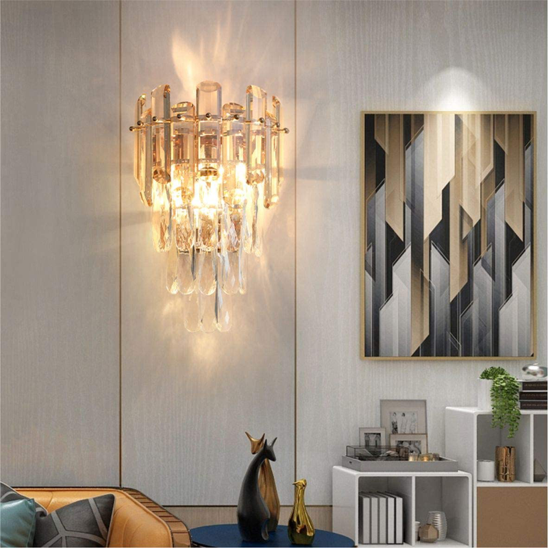 Fulesi Modern Glass Crystal Wall Sconce Contemporary Gold Wall Lamp Fixtures with Metal Champagne Finish, Clear Crystal Wall Mount Light for Bedside Bedroom Living Room… (1 Pack)