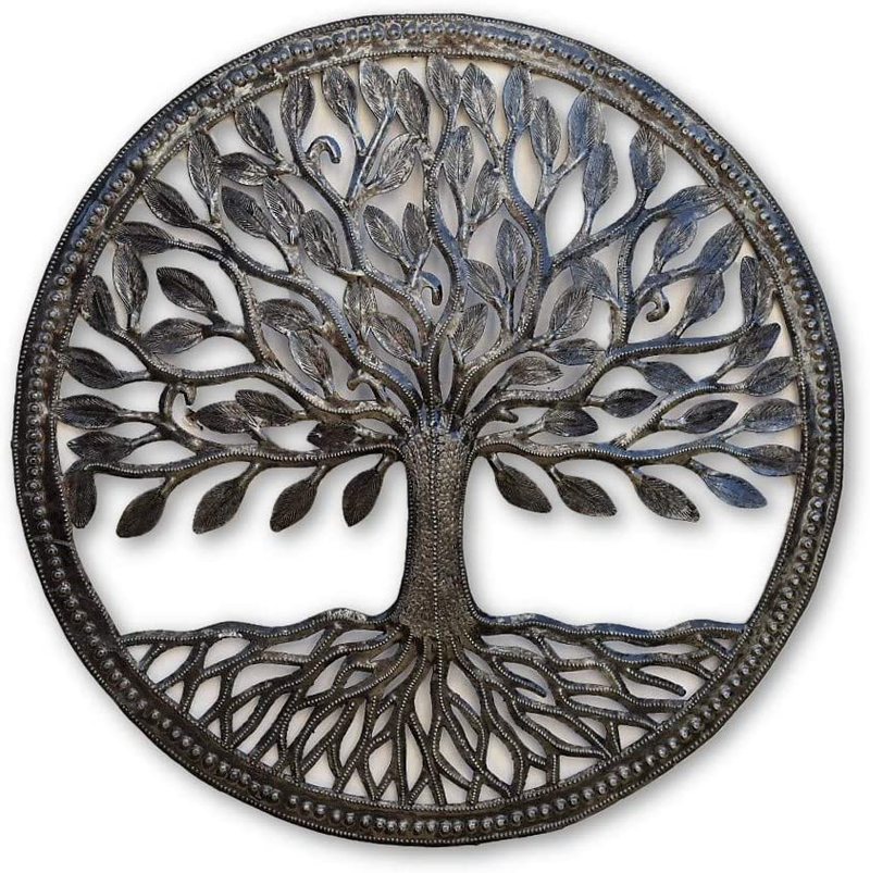 Small Organic Tree of Life Wall Art Framed, 17.25 In., Wall Hanging Metal Art Decor, Handmade in Haiti, Indoor Outdoor, Family Roots Recycled Steel Home & Garden > Decor > Artwork > Sculptures & Statues It's Cactus Default Title  