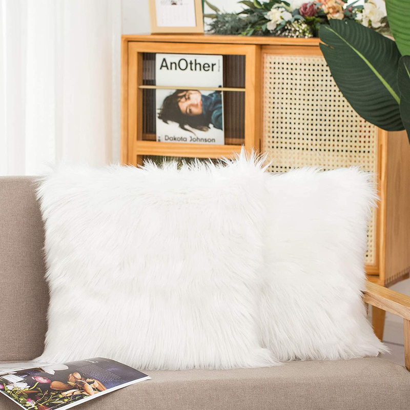HYSEAS Set of 2 Decorative Faux Fur Throw Pillow Covers, White Fluffy Soft Fuzzy Square Cushion Cover Pillow Case for Sofa, Couch, Chair, Bed, Cafe, 18 X 18 Inches Home & Garden > Decor > Chair & Sofa Cushions HYSEAS White 20"x20" 