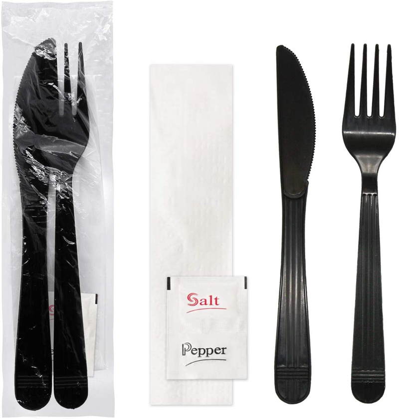 Party Essentials Individually Wrapped Black Plastic Cutlery Packets/ Heavy Duty Silverware Kits, Fork/ Spoon/ Knife/ Napkin/ Salt/ Pepper, 50 Sets Home & Garden > Kitchen & Dining > Tableware > Flatware > Flatware Sets Party Essentials Black Fork/ Knife/ Napkin/ S&P, 50 Sets 
