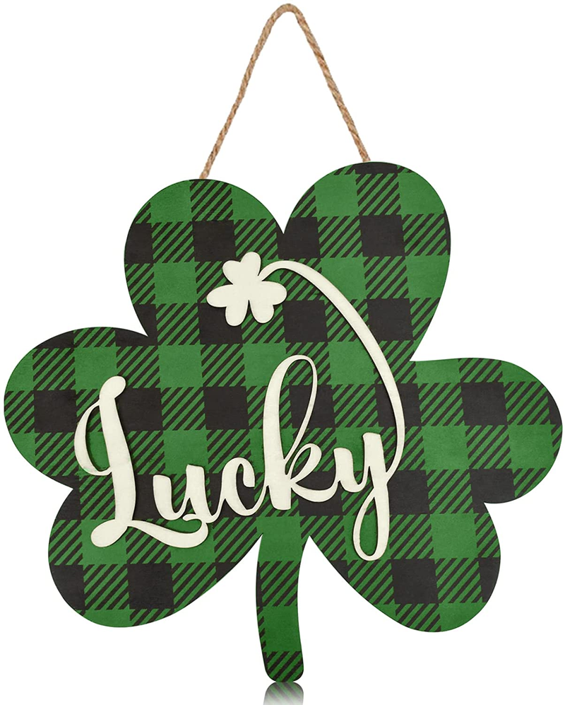 St Patricks Day Decorations,11"X 12" Lucky St Patricks Day Decor Accessories 3D Wooden Door Sign,Shamrock Shaped Hanging Sign for Party Supplies Home Window Wall Farmhouse Office Indoor Outdoor Decor