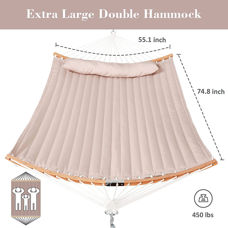 SUNCREAT 13.8 FT Hammocks Quilted Fabric Double Hammock with Detachable Curved Bamboo Spreader Bar and Soft Pillow, Max 450 lbs Capacity, Tan Home & Garden > Lawn & Garden > Outdoor Living > Hammocks SUNCREAT   