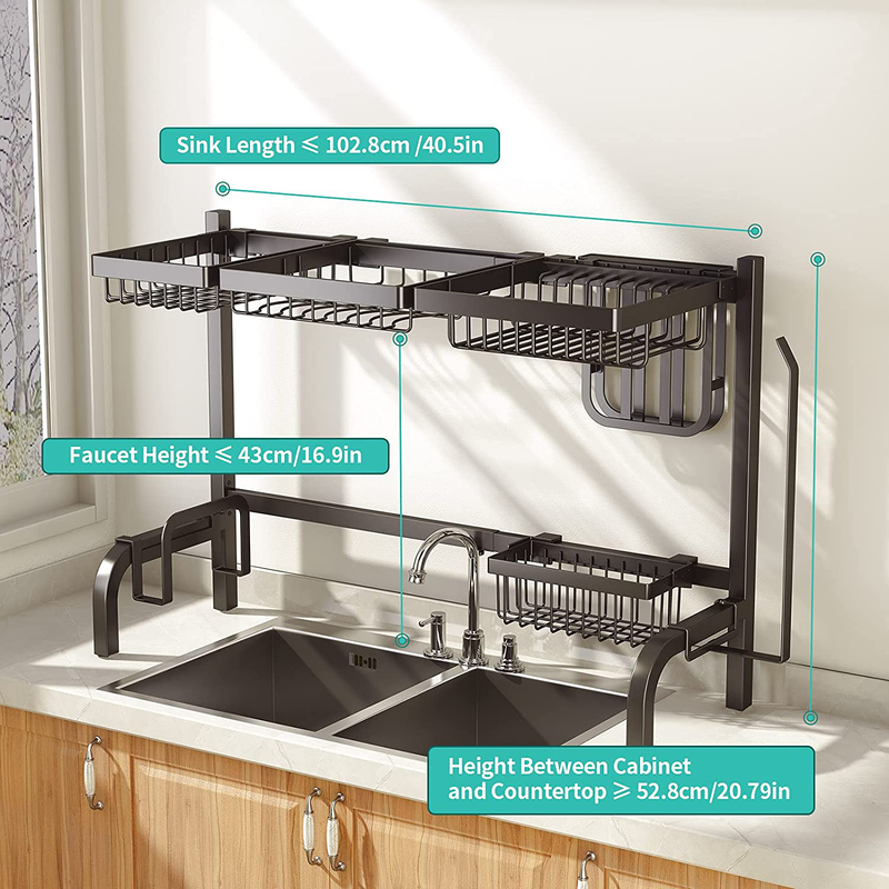 Parosan Dish Drying Rack over Sink Adjustable (33.85"-40.9"), 2 Tier Stainless Steel Expandable Dish Rack Drainer with 6 Utility Hooks, Kitchen Counter Organizer Storage Space Saver Shelf (Black)
