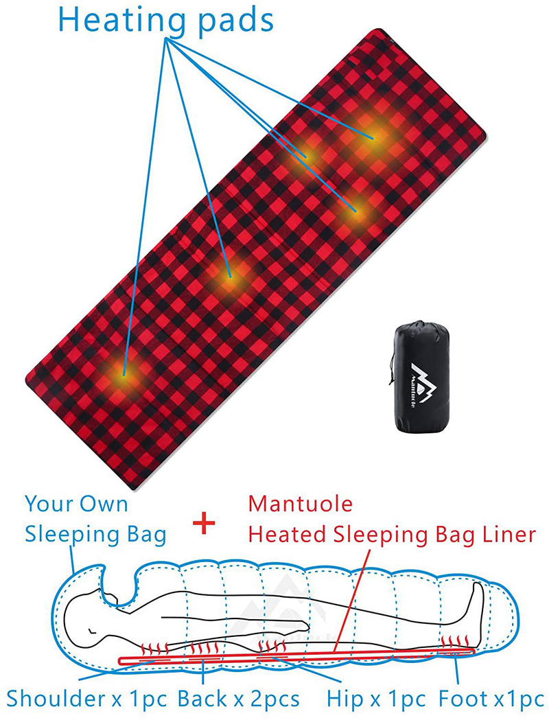 Mantuole Heated Sleeping Bag Pad, Heated Seat Cushion, 5 Heating Zones, Multi USB Power Supported, Operated by Battery Power Bank or Other USB Power Supply, Compact Bag Included.