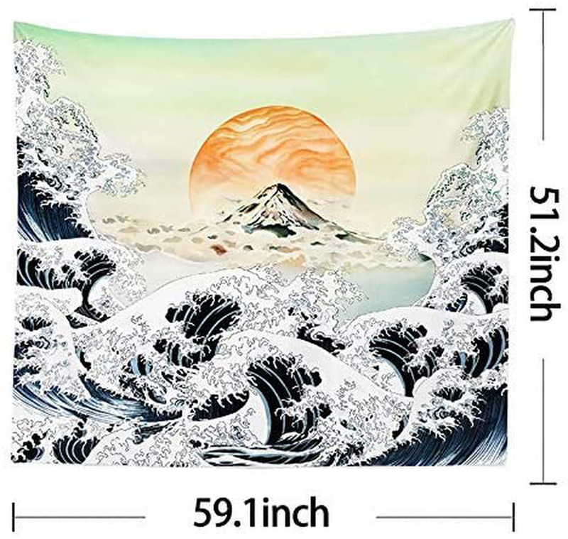 iLiveX Tapestry, Original Design Hand Drawing Art Print Tapestry Wall Hanging, Ocean Wave Sunset Japanese Tapestries (51.2"x59.1")