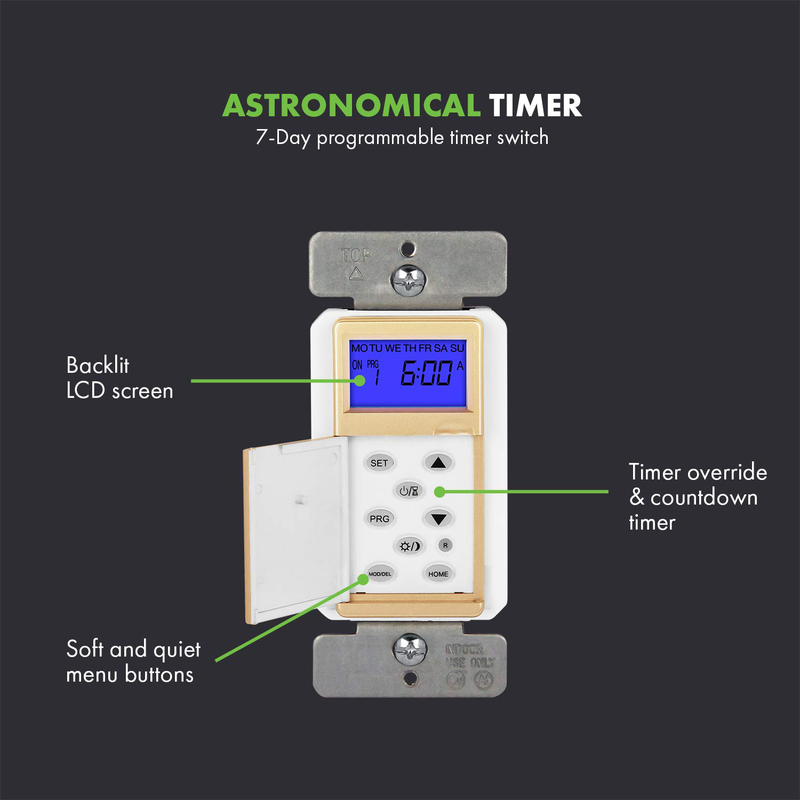 TOPGREENER Digital Astronomic Timer Switch, 7-Day in Wall Programmable Sunrise Sunset timer for Lights, Fans, and Motors, Single-Pole or 3-Way, Neutral Wire Required, UL Listed, TGT01-H, Gold Home & Garden > Lighting Accessories > Lighting Timers Top Greener Inc   
