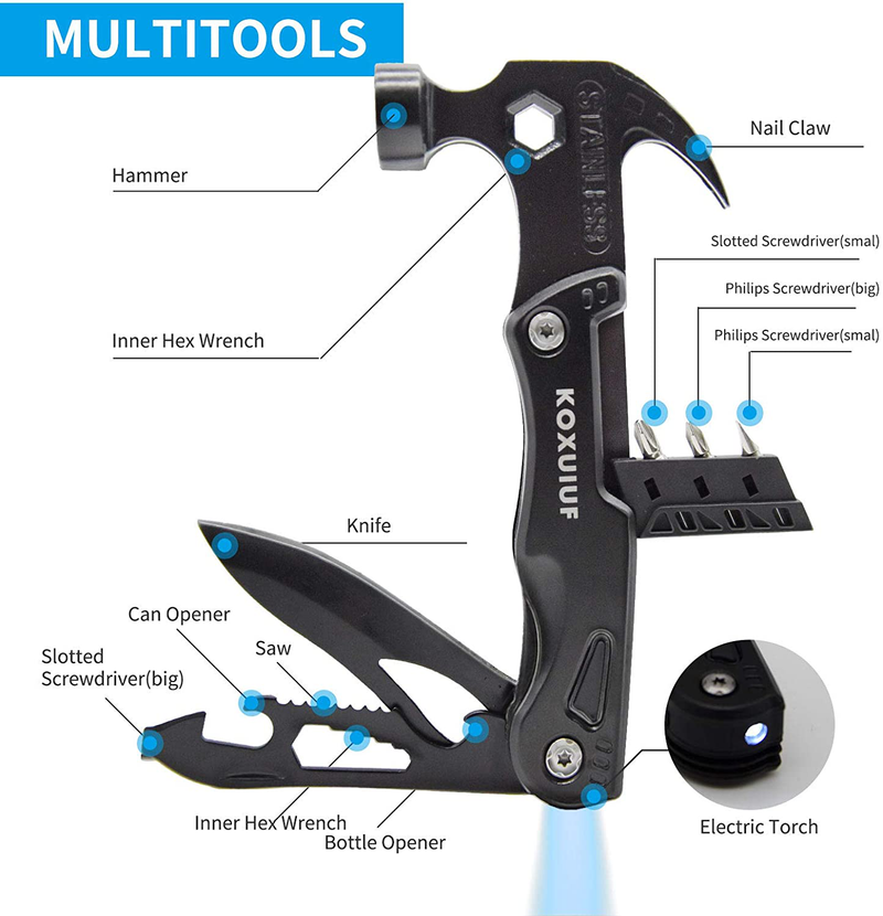 Multitool Camping Accessories,New 13-In-1 Hammer Multitool with Emergency Flashlight,Unique Multi Tool Gear Accessories Tools and Gadgets for Outdoor Hunting Hiking Multi Tool for Dad Birthday Gift
