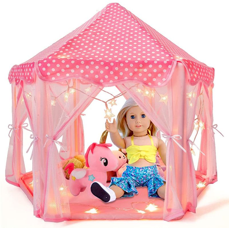 Ebuddy Little World 18" Baby Doll House Camping Tent Accessories Set Pink Princess Castle Portable Playhouse with Unicorn Doll Star LED Lights for 10-18 Inch Dolls Sporting Goods > Outdoor Recreation > Camping & Hiking > Tent Accessories ebuddy   