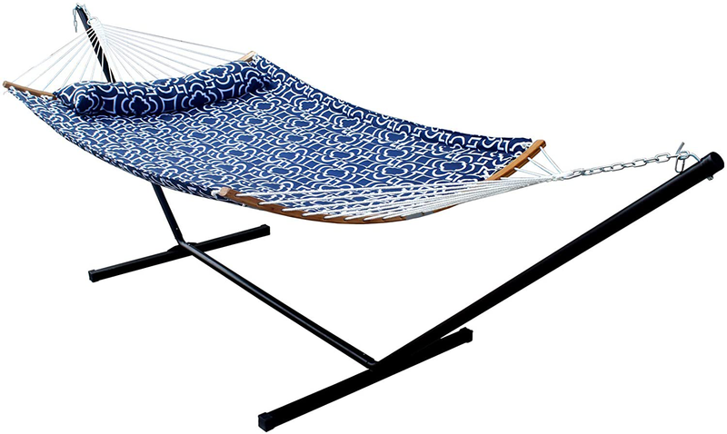 SUNNY GUARD 2 Person Hammock with Stand,Quilted Fabric,Heavy Duty Curved-Bar Bamboo with 12.8 FT Stands & Accessories，for Indoor/Outdoor Patio Catalina Beach(450 lb Capacity