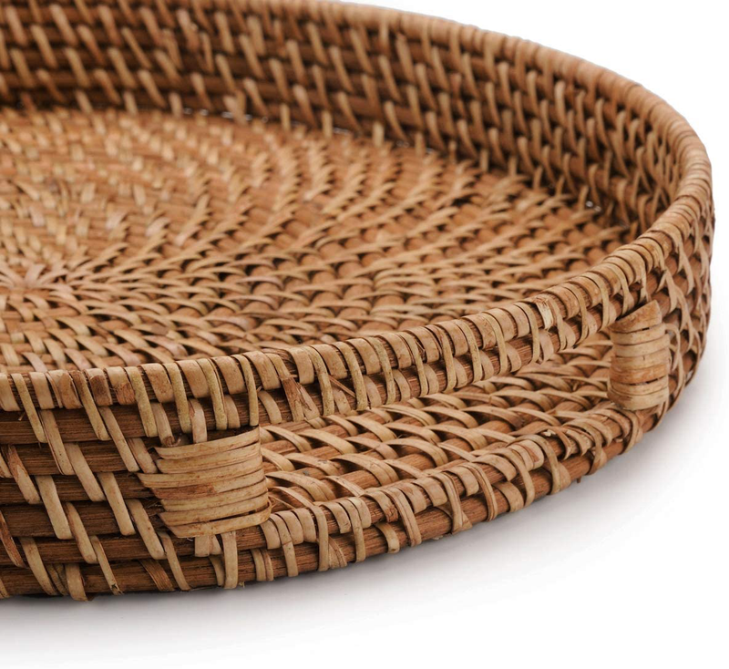 Round Rattan Woven Serving Tray with Handles Ottoman Tray for Breakfast, Drinks, Snacks for Coffee Table, Home Decorative (Honey Brown, 13.8"x2")