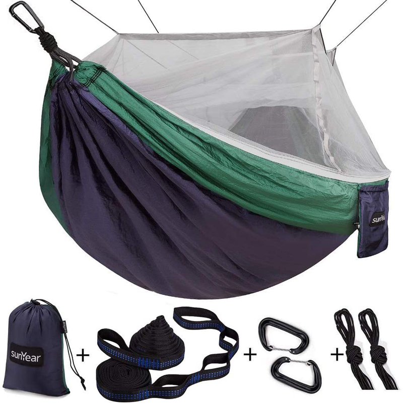 Sunyear Single & Double Camping Hammock with Net, Portable Outdoor Tree Hammock 2 Person Hammock for Camping Backpacking Survival Travel, 10ft Hammock Tree Straps and 2 Carabiners, Easy to Setup Home & Garden > Lawn & Garden > Outdoor Living > Hammocks Sunyear Navy/Forest 78"W*118"L 
