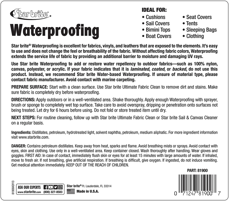 STAR BRITE Waterproofing Spray, Waterproofer + Stain Repellent + UV Protection - 1 GAL (081900N)