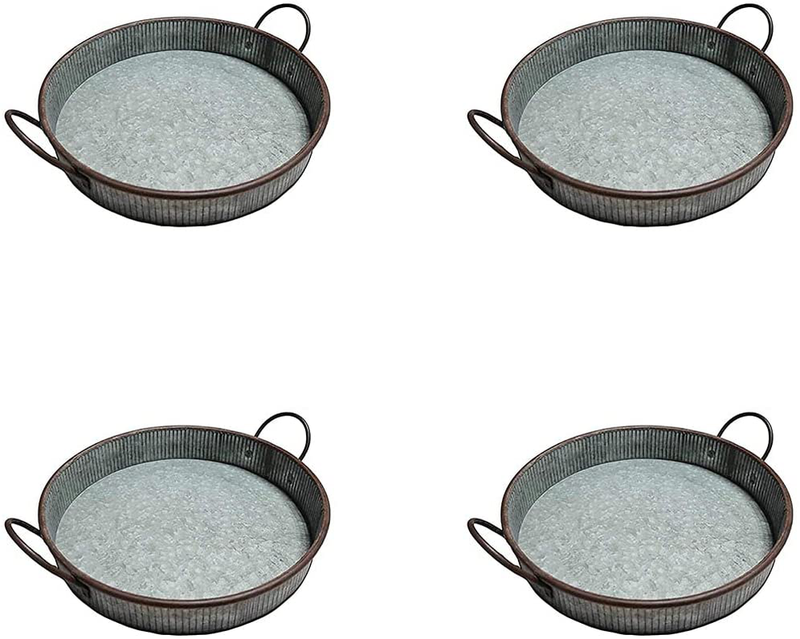 MANDII Galvanized Round Serving Tray with Handles | 13" Farmhouse Trays | Decorative Centerpiece for Coffee Table | Rustic Decor Kitchen and Dining Room | Indoor&Outdoor Silver Decoration Home & Garden > Decor > Decorative Trays MANDII Galvanized Serving Tray Four Pack  