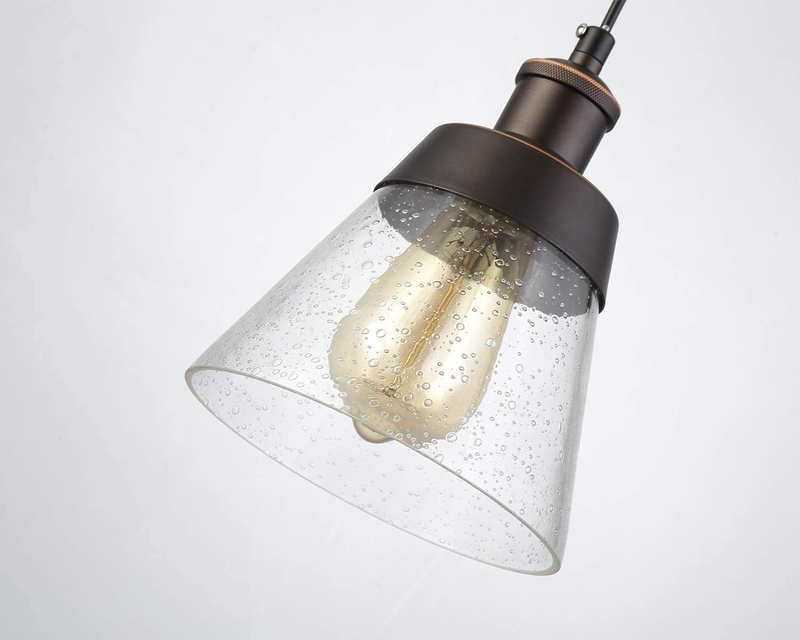 Rustic Glass Pendant Light with Handblown Clear Seeded Glass Shade, One-Light Adjustable Industrial Cone Mini Pendant Lighting Fixture for Kitchen Island Cafe Bar Farmhouse, Oil Rubbed Bronze