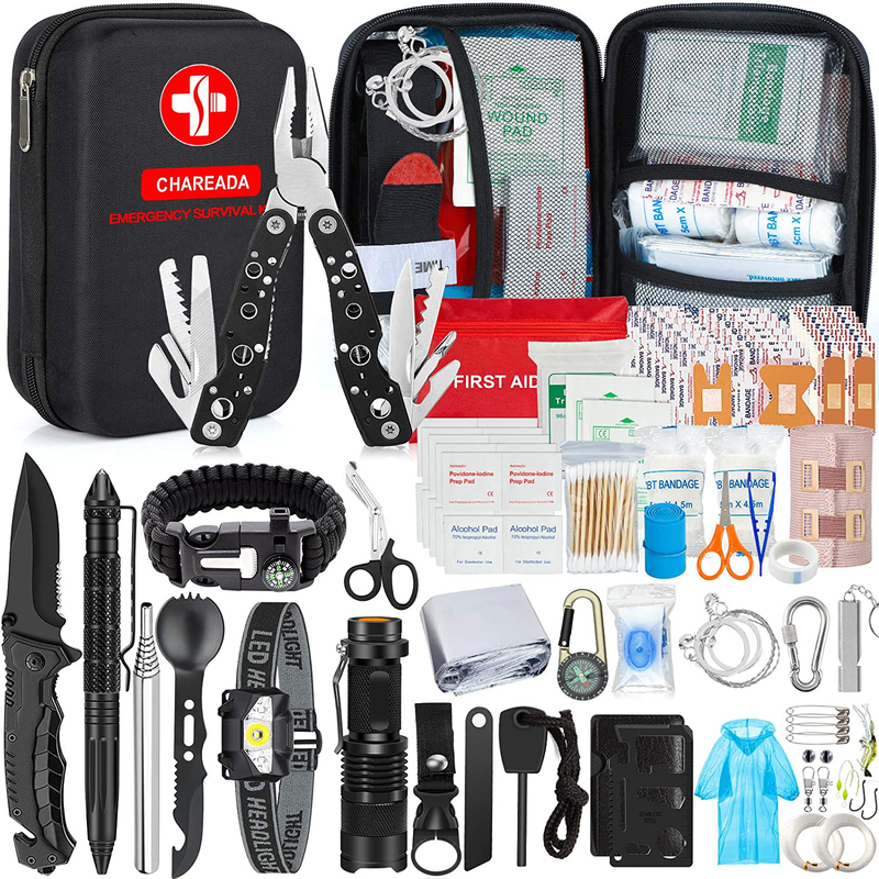 Emergency Survival Kit 176Pcs Gifts for Men Dad Husband Survival Gear Tool Kit Survival Tool Emergency Blanket Tactical Pen Pliers for Wilderness Camping Hiking First Aid for Earthquake Sporting Goods > Outdoor Recreation > Camping & Hiking > Camping Tools CHAREADA BLACK  
