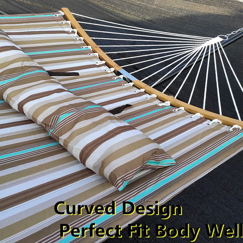 Love Story 2 Person Chain Hammock Include 12.6FT Heavy Duty Standing,Prevention Fall Curved-Bar Bamboo & Detachable Pillow, Outdoor &Indoor Multi-Purpose , Stripe Brown & Green Home & Garden > Lawn & Garden > Outdoor Living > Hammocks LOVE STORY   