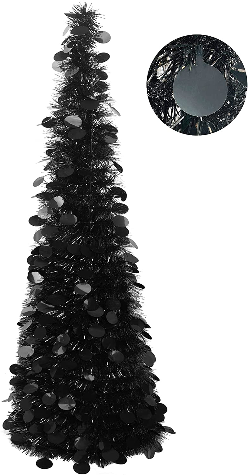 FUNPENY Halloween Christmas Tinsel Tree, 5ft Collapsible Pop Up Pencil Tree with Stand for Halloween Xmas Decorations, Home Decor, Holiday Party Supplies (Black & Orange) Home & Garden > Decor > Seasonal & Holiday Decorations > Christmas Tree Stands FUNPENY Black  