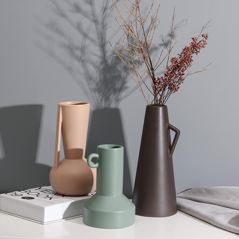 TERESA'S COLLECTIONS Modern Ceramic Vase for Home Decor, Set of 3 Morandi Multicolored Decorative Jug for Living Room, Kitchen, Table, Mantel Decoration, 10.4", 8.9" & 7.1" Tall ( Brown, Pink, Teal ) Home & Garden > Decor > Vases TERESA'S COLLECTIONS   