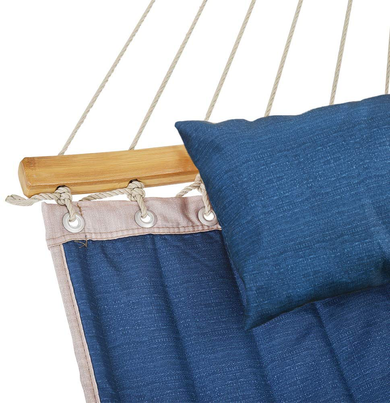 Patio Watcher 11 Feet Quilted Fabric Hammock with Curved-Bar Bamboo and Detachable Pillow, Double Hammock Perfect forOutside Outdoor Patio Yard Beach, Dark Blue Home & Garden > Lawn & Garden > Outdoor Living > Hammocks U-PHA   