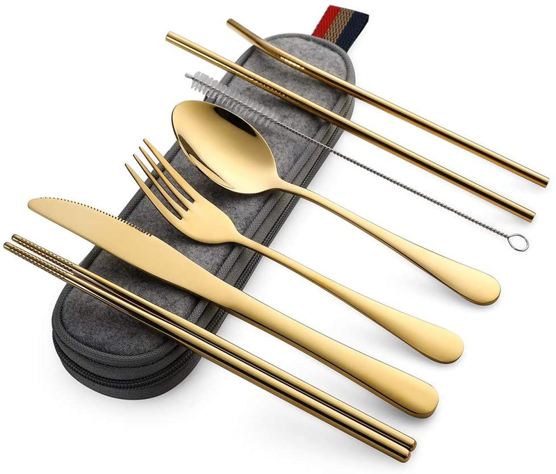DEVICO Portable Utensils, Travel Camping Cutlery Set, 8-Piece including Knife Fork Spoon Chopsticks Cleaning Brush Straws Portable Case, Stainless Steel Flatware set (Silver) Home & Garden > Kitchen & Dining > Tableware > Flatware > Flatware Sets DEVICO Gold  