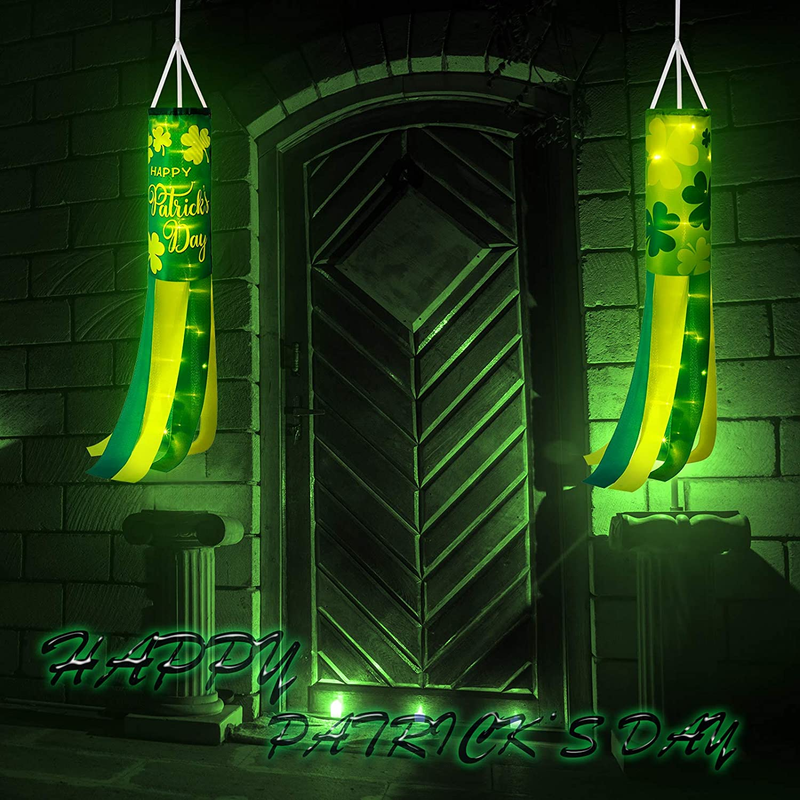 Happy St. Patrick'S Day Windsock 2 Pieces Green Shamrock Windsock with LED Ropes Light Polyester Garden Windsock Decorative for St. Patrick'S Day Outdoor Hanging Home Outdoor Decoration