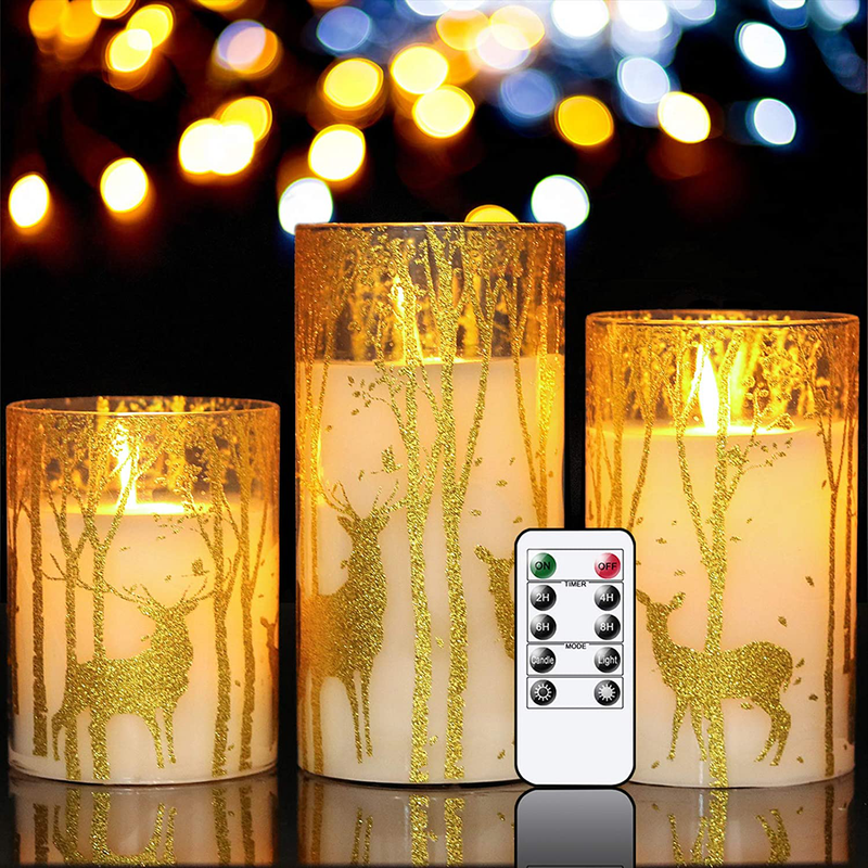 GenSwin Glass Flameless Candles with Elk Decor and Remote Timers, Battery Operated Moving Wick Led Flickering Light, Set of 3 Real Wax Pillar Candles for Christmas Home Decoration Home & Garden > Decor > Seasonal & Holiday Decorations& Garden > Decor > Seasonal & Holiday Decorations GenSwin Moving Wick Deer  