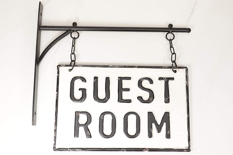 Silvercloud Trading Co. Rustic Hanging Double-Sided Guest Room Embossed Black on White Enamel Metal Sign with Bracket - Wall Decor - Room Label