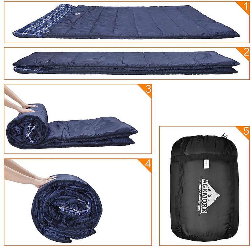 Cotton Flannel Double Sleeping Bag for Camping, Backpacking, or Hiking. Queen Size 2 Person Waterproof Sleeping Bag for Adults or Teens. Truck, Tent, or Sleeping Pad, Lightweight（Pillows NOT Include） Sporting Goods > Outdoor Recreation > Camping & Hiking > Sleeping Bags AGEMORE   