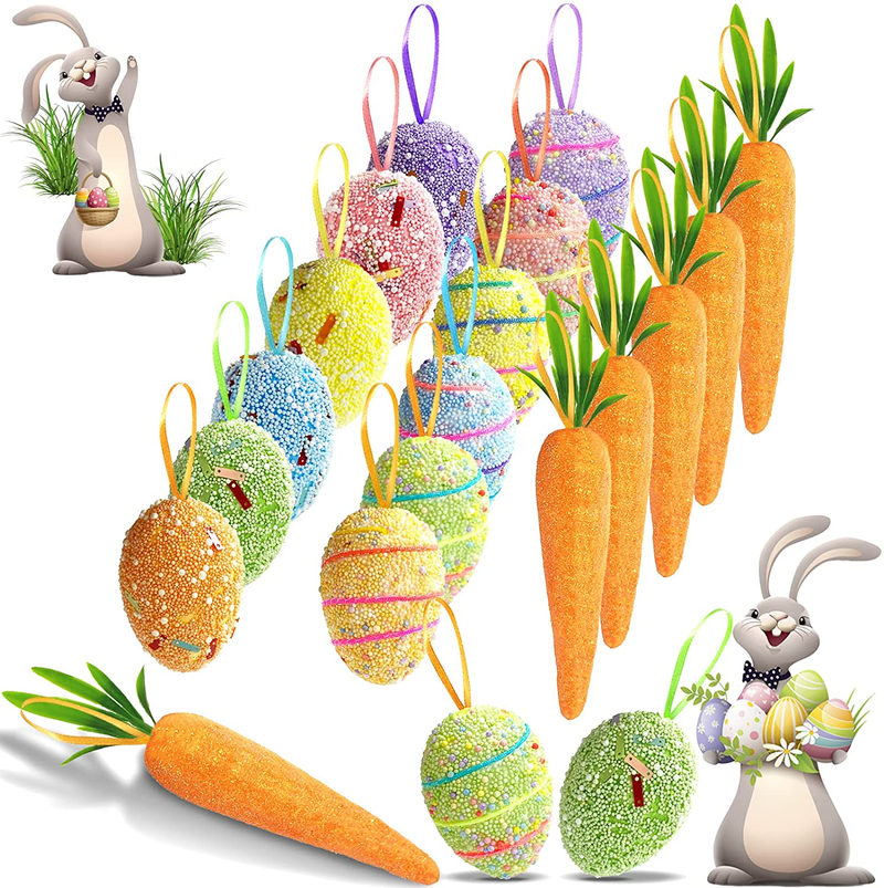 Easter Egg Ornaments and Carrot Hanging Ornaments 12 Pieces Colorful Foam Easter Hanging Egg Ornaments 6 Pieces Premium Foam Glitter Artificial Carrots Easter Tree Decorations Home Party DIY Crafts Home & Garden > Decor > Seasonal & Holiday Decorations BleSky   