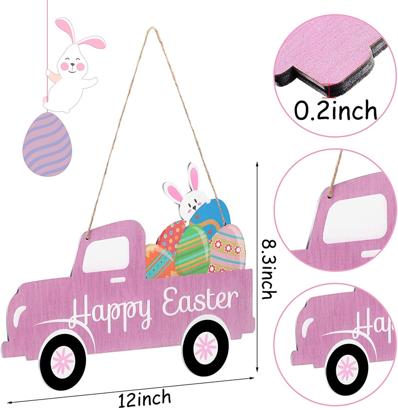 Happy Easter Wooden Sign Easter Hanging Door Sign Truck with Eggs and Bunny Spring Decor Colorful Welcome Wall Plaque for Yard Indoor Outdoor Garden Decorations