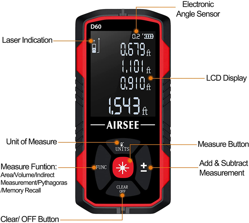 Laser Measure, AIRSEE Laser Distance Measure 196Ft, 50 Sets Data Storage, M/In/Ft Unit Switch, Backlit LCD, Distance, Area, Volume Laser Measurement Tool, Carry Pouch, Battery, Reflect Plate Included Hardware > Tools > Measuring Tools & Sensors AIRSEE   