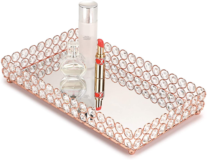 Hipiwe Crystal Cosmetic Makeup Tray - Large Mirrored Vanity Tray Jewelry Trinket Organizer TrayTray Home Decorative Dresser Tray Bathroom Tray, 13.7"x 7.87" Home & Garden > Decor > Decorative Trays Hipiwe Rosy Gold Large 