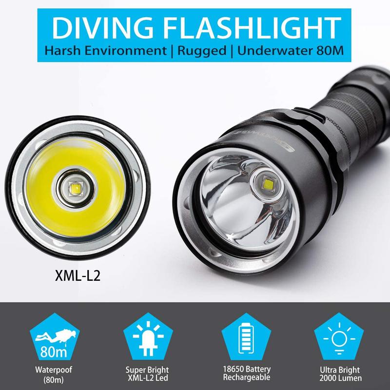 Genwiss Scuba Diving Flashlight Dive Torch 2000 Lumen Waterproof Underwater XM-L2 LED Submarine Lights Holder with Rechargeable 18650 Battery,Charger for Under Water Deep Sea Cave at Night Home & Garden > Pool & Spa > Pool & Spa Accessories Genwiss   