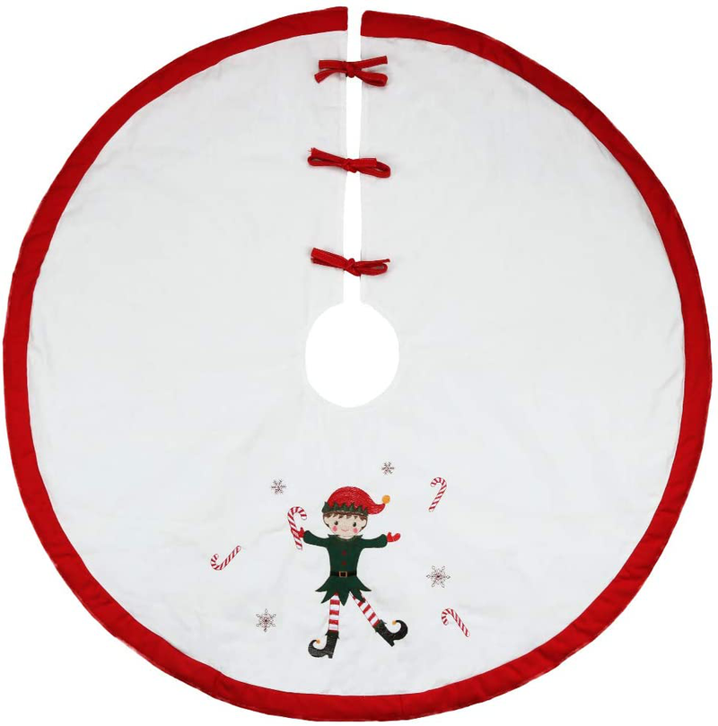 Meriwoods Christmas Tree Skirt 48 Inch, Large Embroidered Elf Padding Tree Collar, Country Rustic Indoor Xmas Decorations, Red & White Home & Garden > Decor > Seasonal & Holiday Decorations > Christmas Tree Skirts Meriwoods   