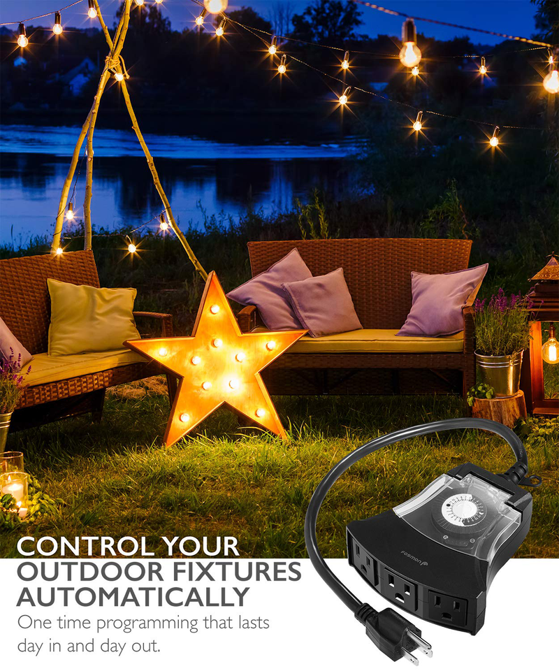 Outdoor Timer 3 Outlet, Fosmon 15A 24-Hour [3 US Socket] Mechanical Light Timer, 3-Prong ETL Listed Water Resistance and Heavy Duty Grounded Outlet with 18inch Power Cord