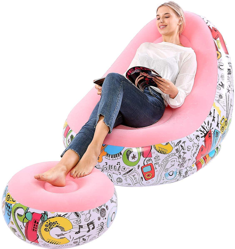 Lazy Sofa, Inflatable Sofa, Family Inflatable Lounge Chair, Graffiti Pattern Flocking Sofa, with Inflatable Foot Cushion, Suitable for Home Rest or Office Rest, Outdoor Folding Sofa Chair (Pink)