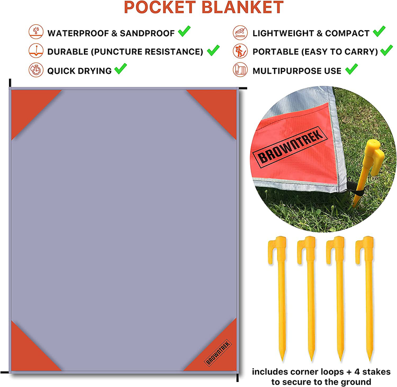 Pocket Blanket -Compact Picnic Blanket (60"x 56") - Sand Proof Beach Blanket / 100% Waterproof Ground Cover. Great Outdoor Blanket for Hiking, Camping, Picnics, Travel and Beach Trips! Home & Garden > Lawn & Garden > Outdoor Living > Outdoor Blankets > Picnic Blankets BROWNTREK   