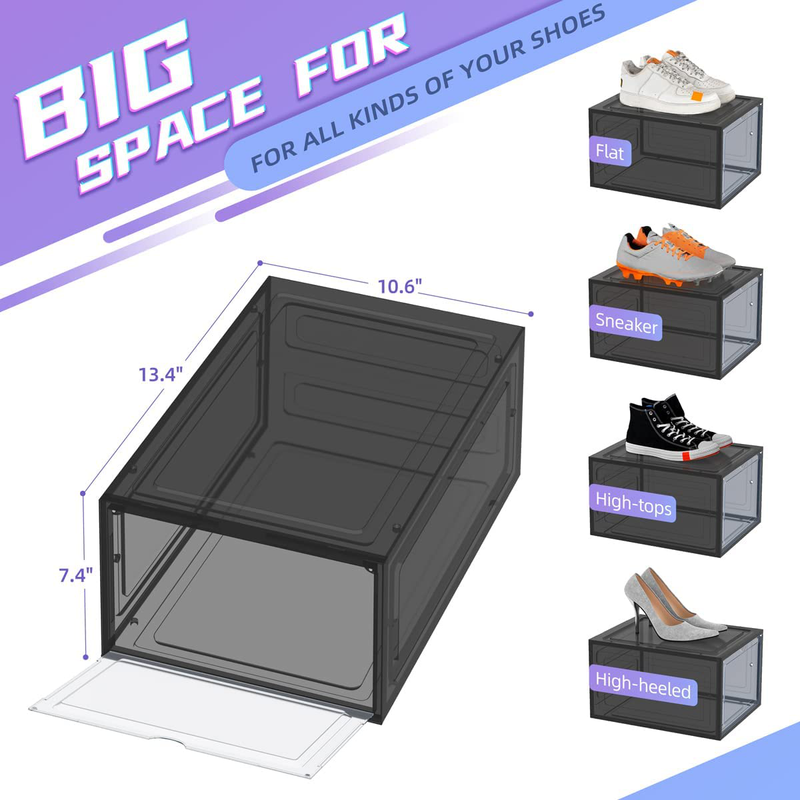 Tabiger 8 Pack Shoe Boxes Clear Plastic Stackable, Solid Shoe Box Storage Containers with Drop Front Magnetic Acrylic Door, Sneaker Shoe Box Organizers Shoe Box Storage Fit for Men’S Size 12, Translucent Black