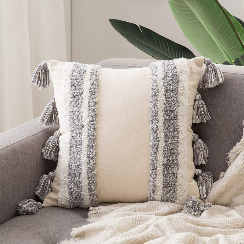 MIULEE Decorative Throw Pillow Cover Tribal Boho Woven Tufted Pillowcase with Tassels Super Square Pillow Sham Pillowcase Cushion Case for Sofa Couch Bedroom Car Living Room 18X18 Inch Grey Home & Garden > Decor > Chair & Sofa Cushions MIULEE Grey 20''x20'' 