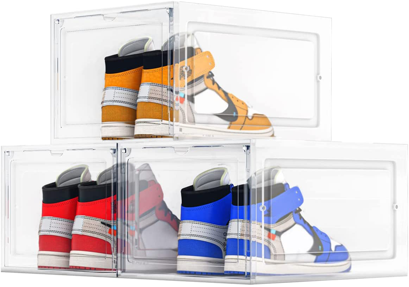 Tabiger Drop Front Shoe Boxes, Hard Clear Plastic Stackable Shoe Storage Organizer with Magnetic Acrylic Door, Shoe Display Case for Sneaker Shoe Box Storage Containers Fit for Size 12 (8 Pack-Clear White) Furniture > Cabinets & Storage > Armoires & Wardrobes Tabiger Clear 3pcs 