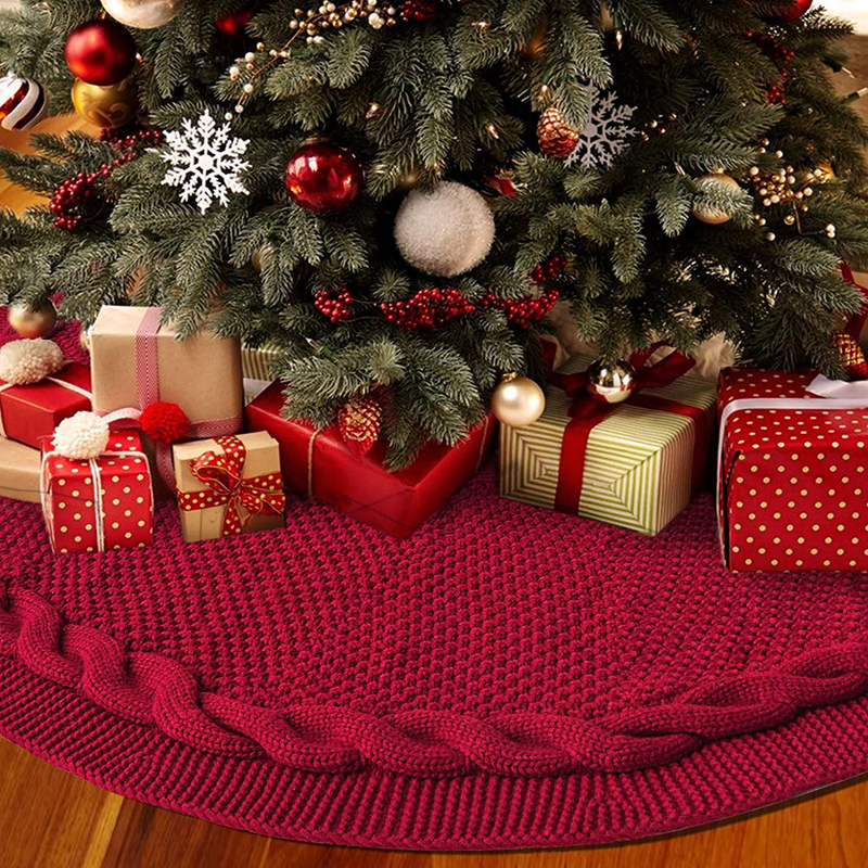 LimBridge Christmas Tree Skirt, 48 inches Cable Knit Knitted Thick Rustic Xmas Holiday Decoration, Burgundy Home & Garden > Decor > Seasonal & Holiday Decorations > Christmas Tree Skirts LimBridge   